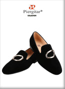 Piergitar Black Velvet Classic Men's Loafers For Fashion Party And Wedding Circle Metal Buckles Slip-On Flats Red Color Outsoles
