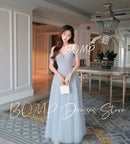 BOMP Princess Grey Korea Wedding Party Dress Sweetheart Off Shoulder Draped Tulle Special Occasion Birthday Gown Customized