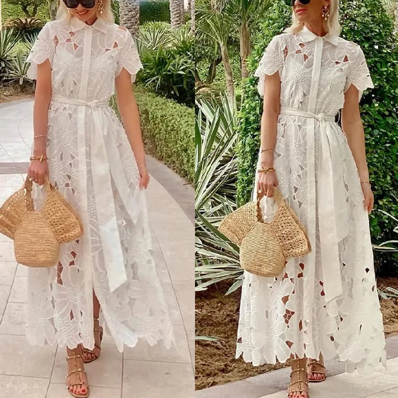 Women's Hollow Lapel Tie Up Lace Dress