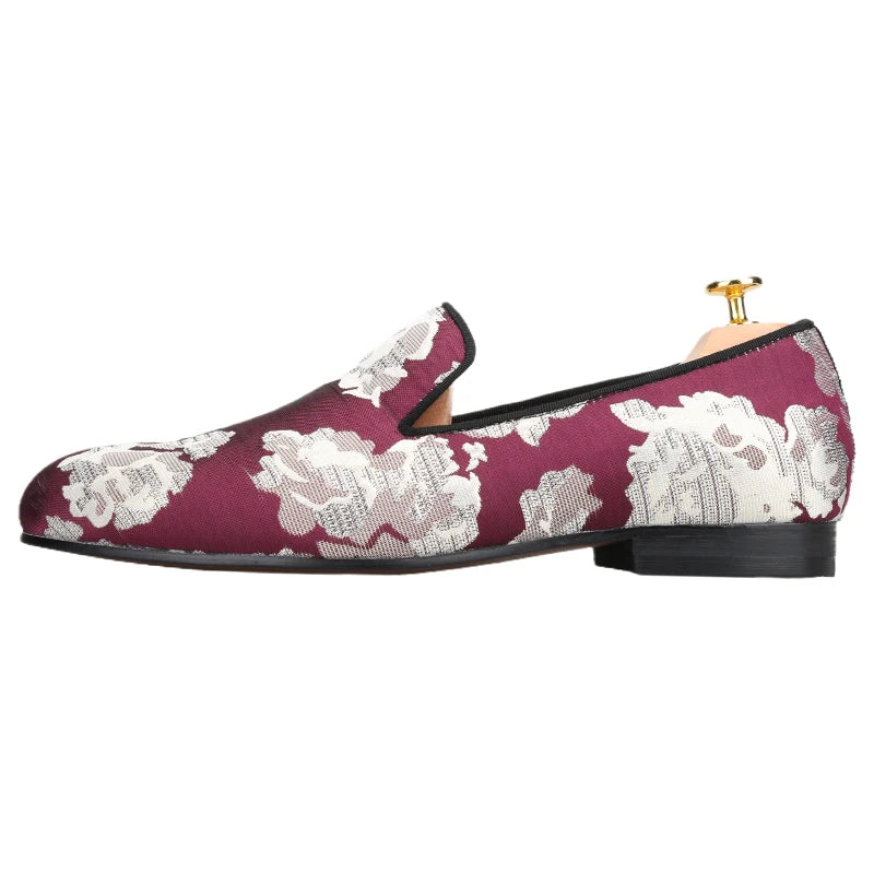 Piergitar 2022 New Arrival Purple Jacquard Fabric With White Fowers Handmade Men Loafers Party And Prom Male Flats Plus Size