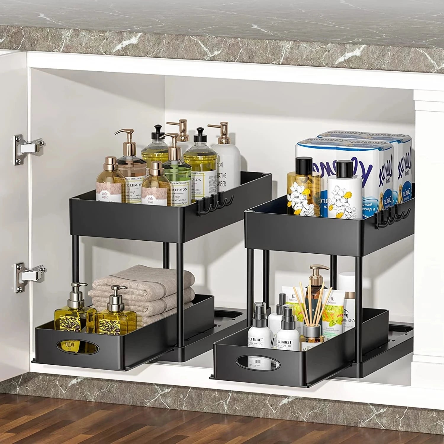 BathroomUnder Sink Sliding Drawers Shelves Black Cabinet Rack