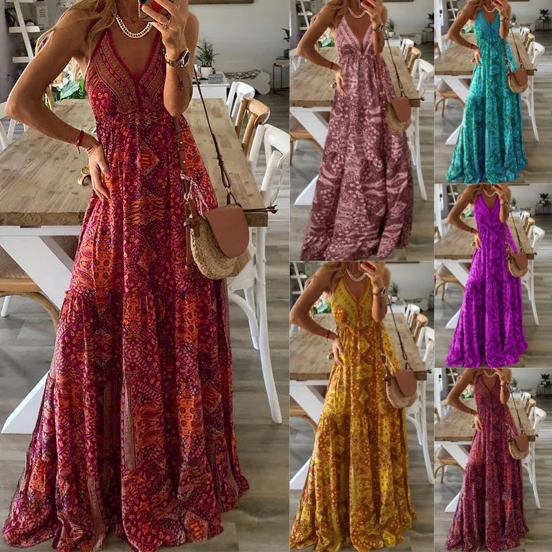 Bohemian Style Women's Clothing Long Dress New  Suspender Long Dress High Waist V-neck Printed Floral Dress Women's Clothing