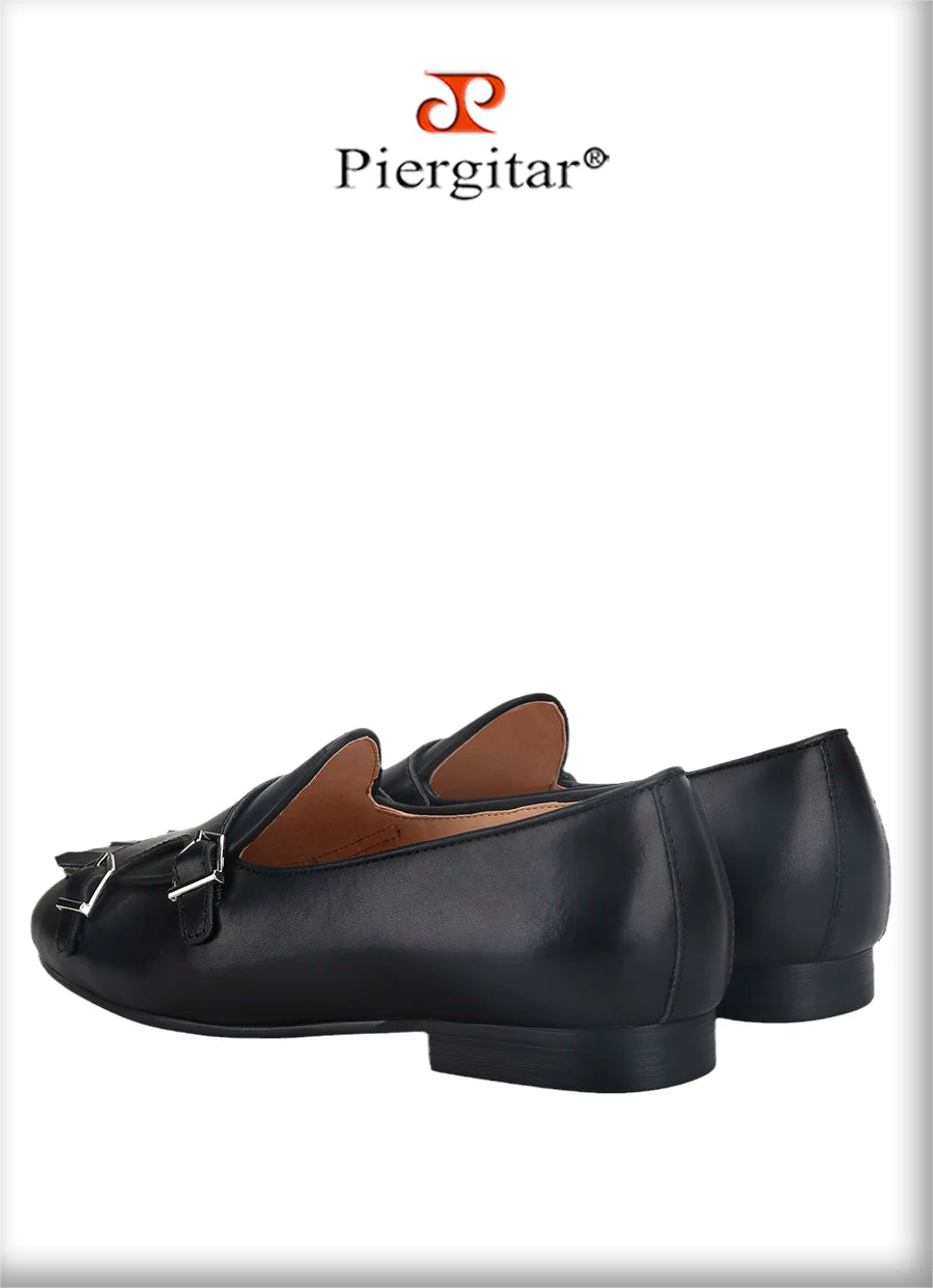 Piergitar 2023 Dark Brown Nappa Calfskin Double-Monk Belgian Loafers With Fringes And Metal Buckles Slip-On Men Smoking Slippers