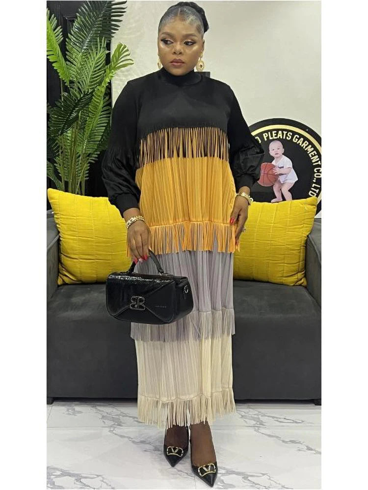Women's Pleated Puff Sleeve Tassel Dress