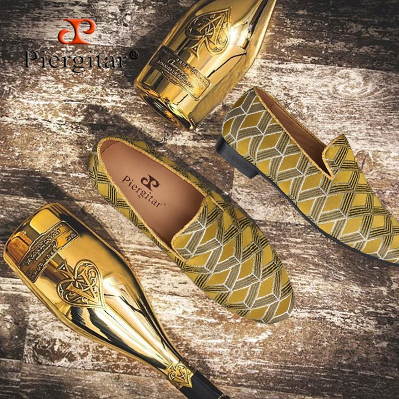 Piergitar 2022 High Grade Silk Fabric Men's Loafers For Party And Wedding Leather Insole Handmade Man Smoking Slippers Plus Size