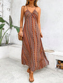 Women's Summer Ethnic Pattern Backless Split Thigh Dress Ladies Summer Clothes Boho Fashion Frill Trim Long Dress for Beach