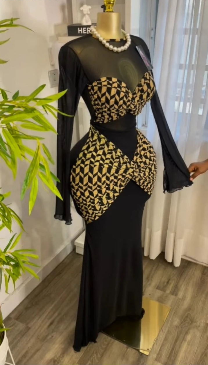 Women Houndstooth Printed Long Sleeve Draped Ruched Bodycon Mini Dress