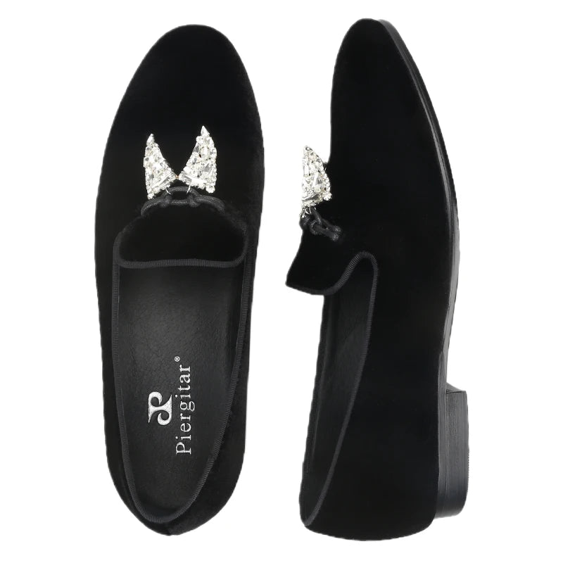 Black Velvet Men's Loafers with Clear Crystal Tassels, Handmade Man Moccasins for Party and Banquet Plus Size