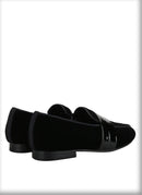 Classic Black Velvet Slip-On Men Shoes with Patent Leather Cross Strap Loafers for Fashion Party Wear