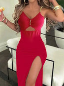 Women Side Split Chain Hollow Sheath Sleeveless V-neck High Waist Sexy Sexy Slim Dress
