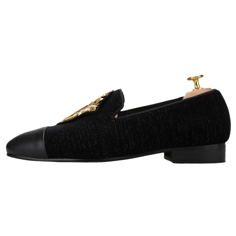 Piergitar 2022 New British Style Retro Embroidered Patch Men's Loafers Handmade Leather Stitching Velvet Moccasins Slip-On Shoes