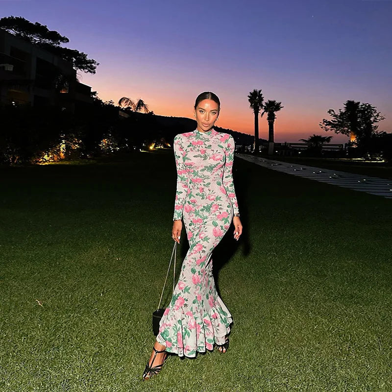 Temperament long sleeve slim long printed dress women's new autumn fashion elegant long dress
