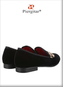 Piergitar Handcraft Black Velvet Slip-On Shoes With Gold Wings Metal Buckles For Wedding And Prom Classic Style Men's Loafers