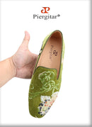 Piergitar Black And Grass Green Velvet With Handmade Classical Chinese Style Sequin Embroidery Men's Loafers Red Sole Moccasins