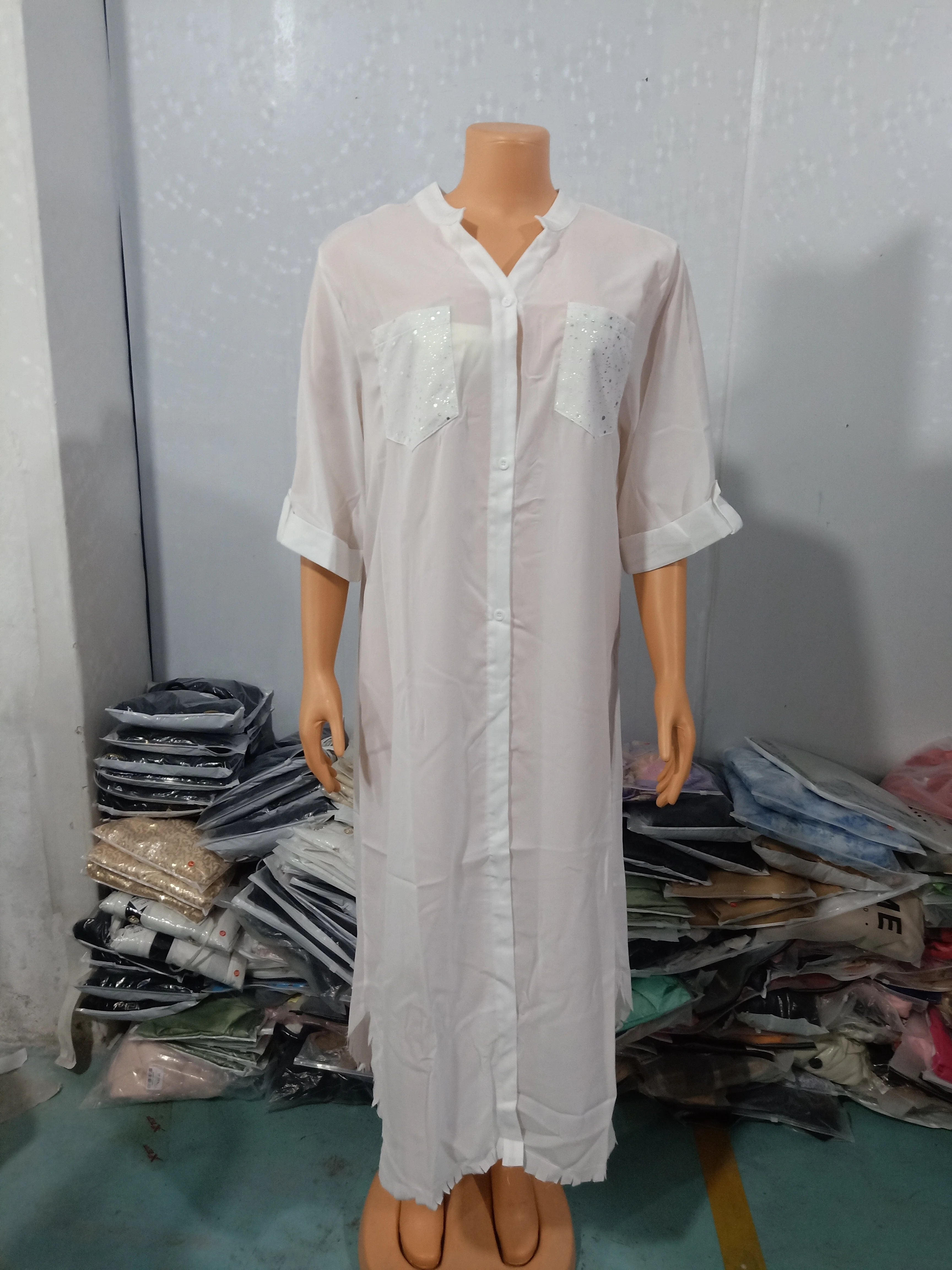 Women Loose Long Sleeve Open Neck Dress