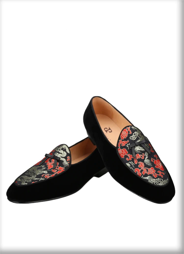New Black Velvet Thread Dragon Print Satin Belgian Loafers for Men with Leather Tie Handcrafted Moccasin