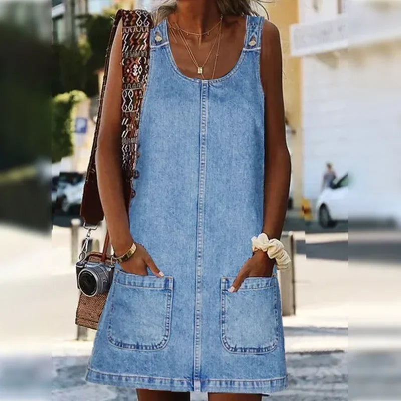 Women's Denim Dress Sexy Cool Strap Mini Dress Solid Color Sleeveless Pockets High Waist