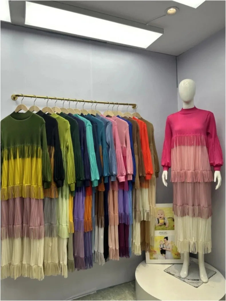 Women's Pleated Puff Sleeve Tassel Dress
