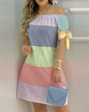 3XL Women's Casual Gradient Off Shoulder Short Sleeve Dress Bow Print Mini Dress