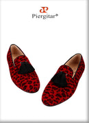 Piergitar Red And Black Animalier-Printed Superior Velvet Slippers With Handmade Silk Fringed Tassels Slip-On Men's Loafers