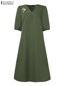 Women's V-Neck Floral Embroidery Midi Dress