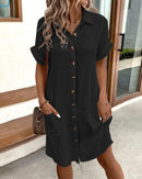 Women's Fashion Summer Minimalist V-neck Button Up Dress Woman Cotton Linen White Short Sleeved Pocket Casual Loose Shirt Dress