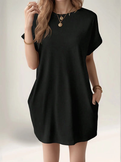 2025 European and American new casual solid color round neck bat sleeve invisible pocket loose short sleeved dress