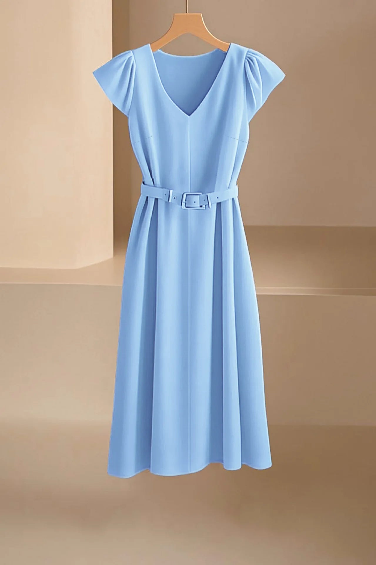 2024 Spring Summer Women's V-Neck Midi Dress Soft Stretch Office Casual Chic Solid Color No Belt Included