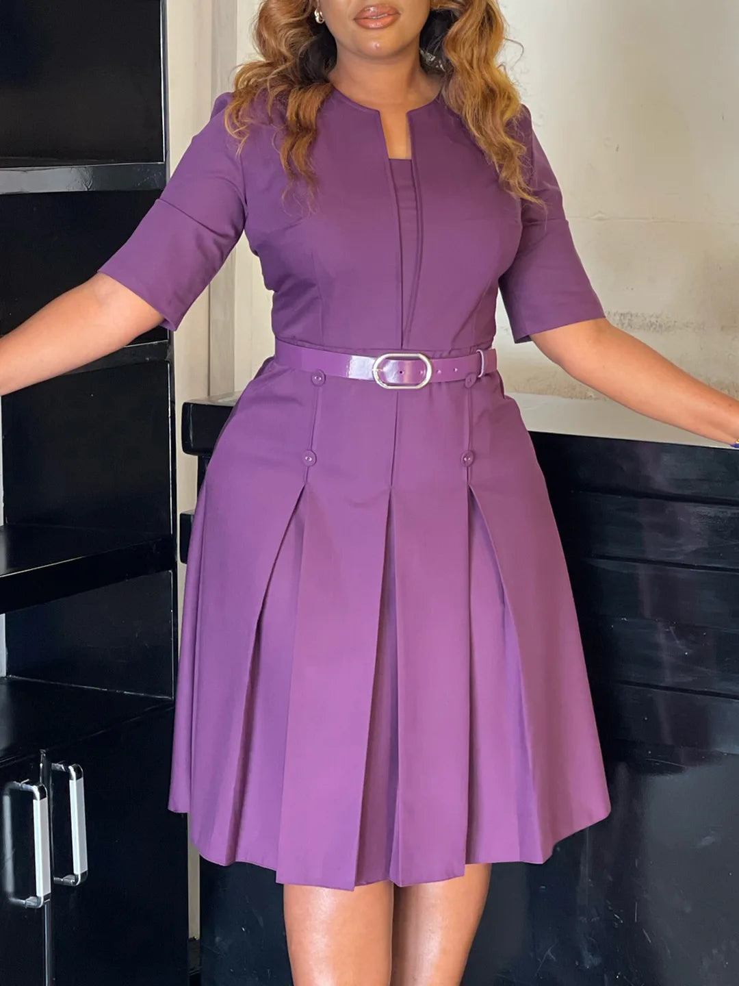 Plus-size women's 2025 autumn fashion elegant temperament solid color five-quarter sleeve dress