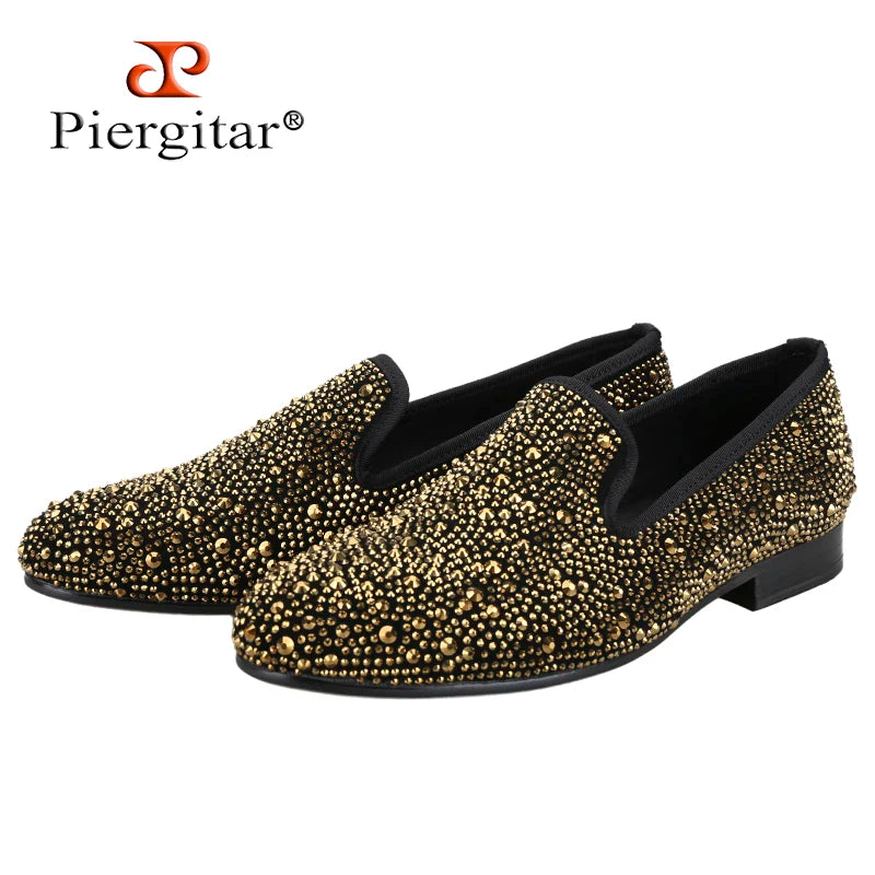 Piergitar 2024 Gold Crystals On Black Suede Slip-on Smoking Slippers Handmade Men's Loafers For Luxury Evening Party And Prom
