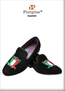 Piergitar Handmade Embroidery Of Four Powerful Football Countries Black Velvet Men Loafers Genuine Leather InSoles And Outsoles