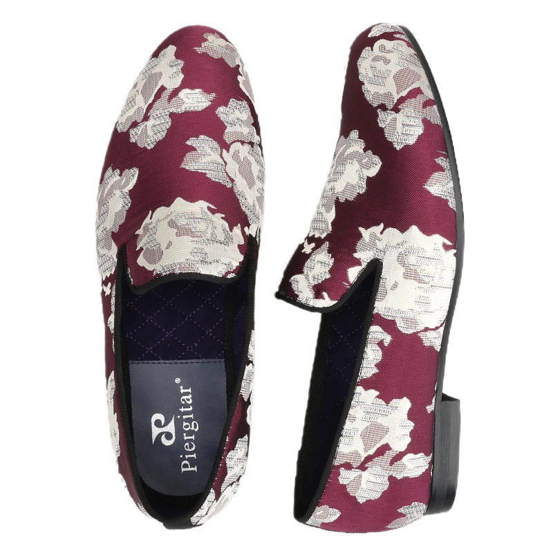 Piergitar 2022 New Arrival Purple Jacquard Fabric With White Fowers Handmade Men Loafers Party And Prom Male Flats Plus Size