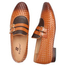 Men's Hand-Rubbed Brown Woven Calfskin Monk Shoes with Cross-Tied Handmade Loafers Genuine Lining