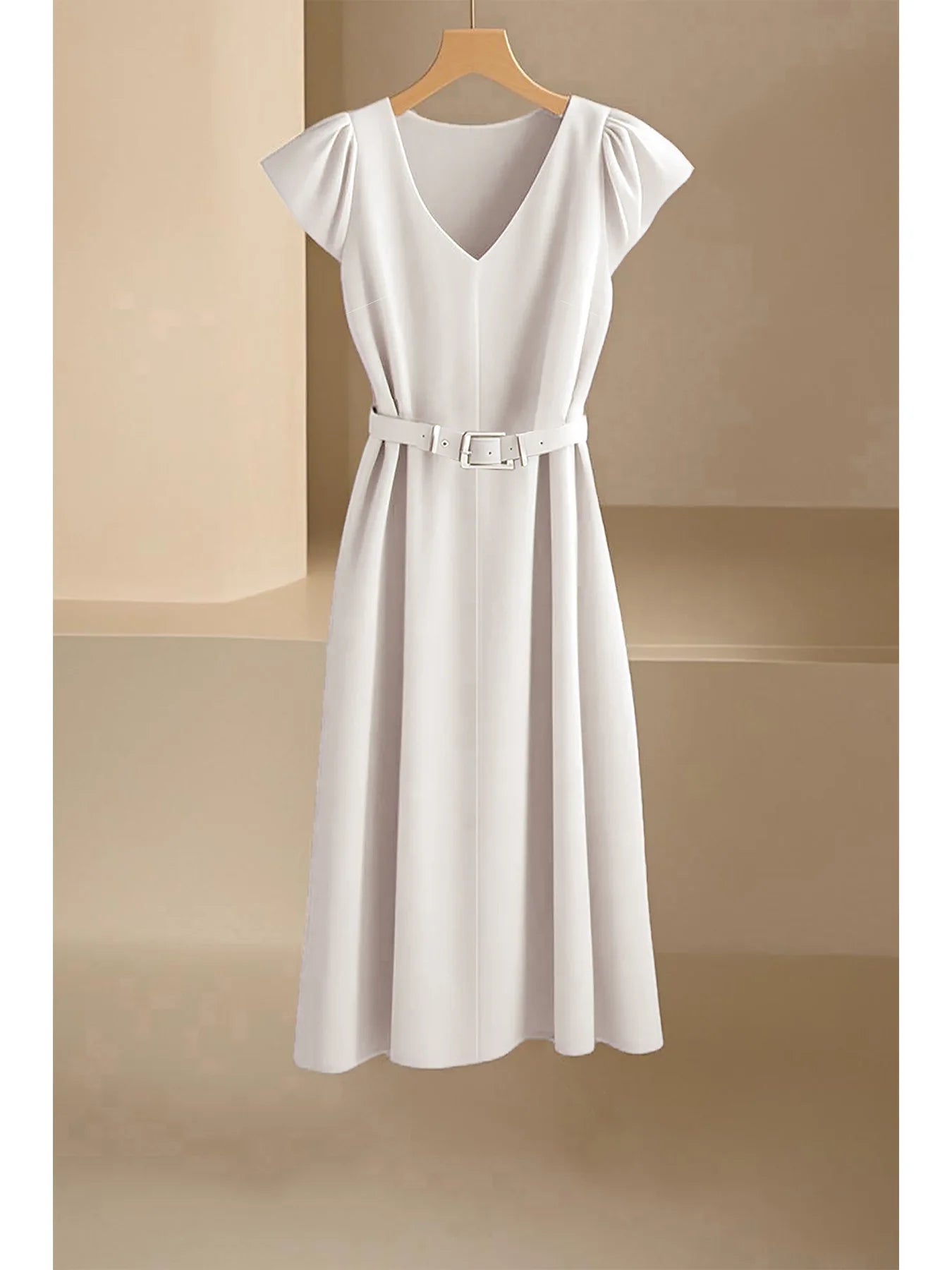 2024 Spring Summer Women's V-Neck Midi Dress Soft Stretch Office Casual Chic Solid Color No Belt Included