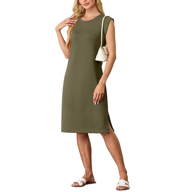 New Fashion And Multifunctional Temperament Round Neck Neck Sleeves Solid Color Summer Dress