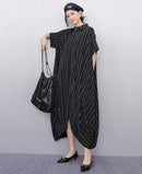 New 2025 Summer Woman Short-Sleeve Black Striped Shirt Dress Loose Fit Chic Big Size Casual Holiday Irregular Large Robe JKXD017
