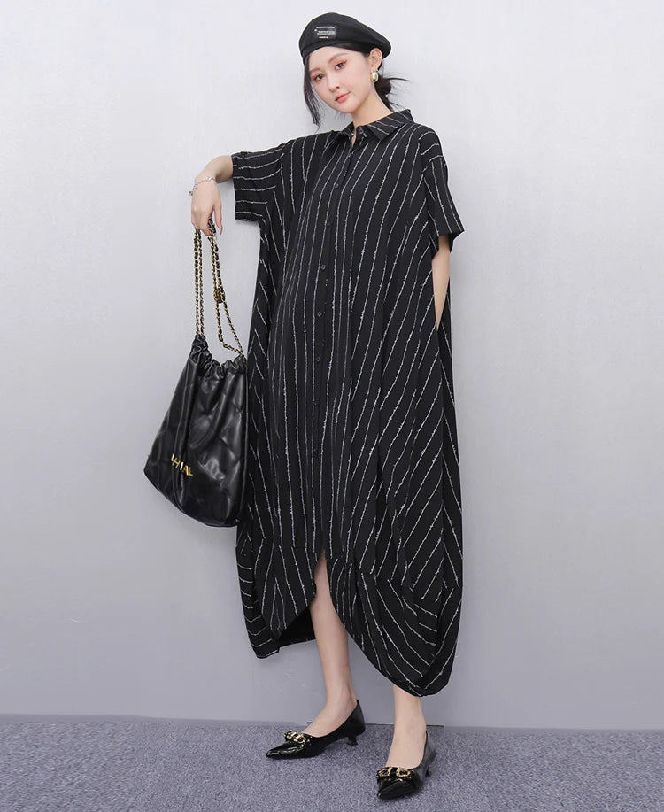New 2025 Summer Woman Short-Sleeve Black Striped Shirt Dress Loose Fit Chic Big Size Casual Holiday Irregular Large Robe JKXD017