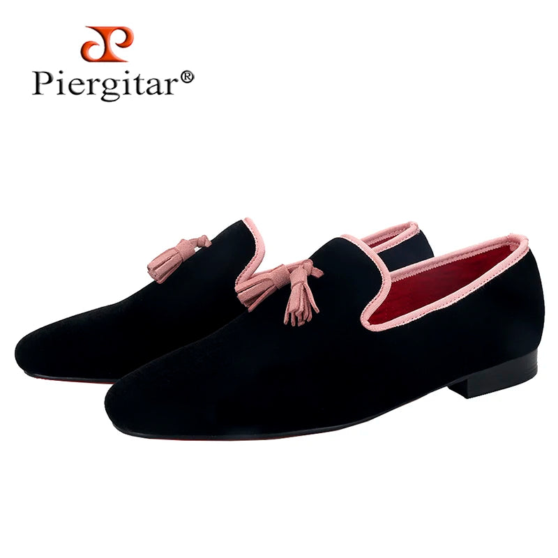 Piergitar 2023 Classic Black Velvet Slip-On Slippers Shoes Handmade Pink Suede Men's Loafers For Party And Wedding Plus Size