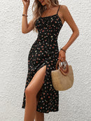 2024 Women Floral Print Spaghetti Straps Summer Boho Beach Dress Print Elegant  Suspenders Square Neck Slit Dress Vestidos