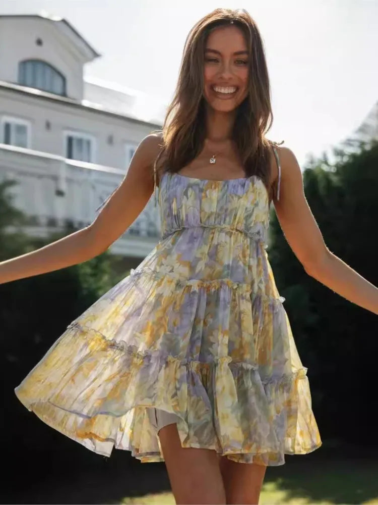 Spaghetti Strap Flower Chiffon Mini Dress