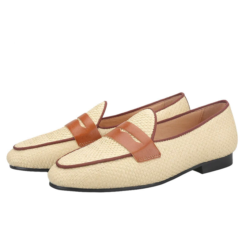 Men's Slip-On Smoking Slippers in Plus Size, Handmade Rafia Penny Slippers, Primary Color.