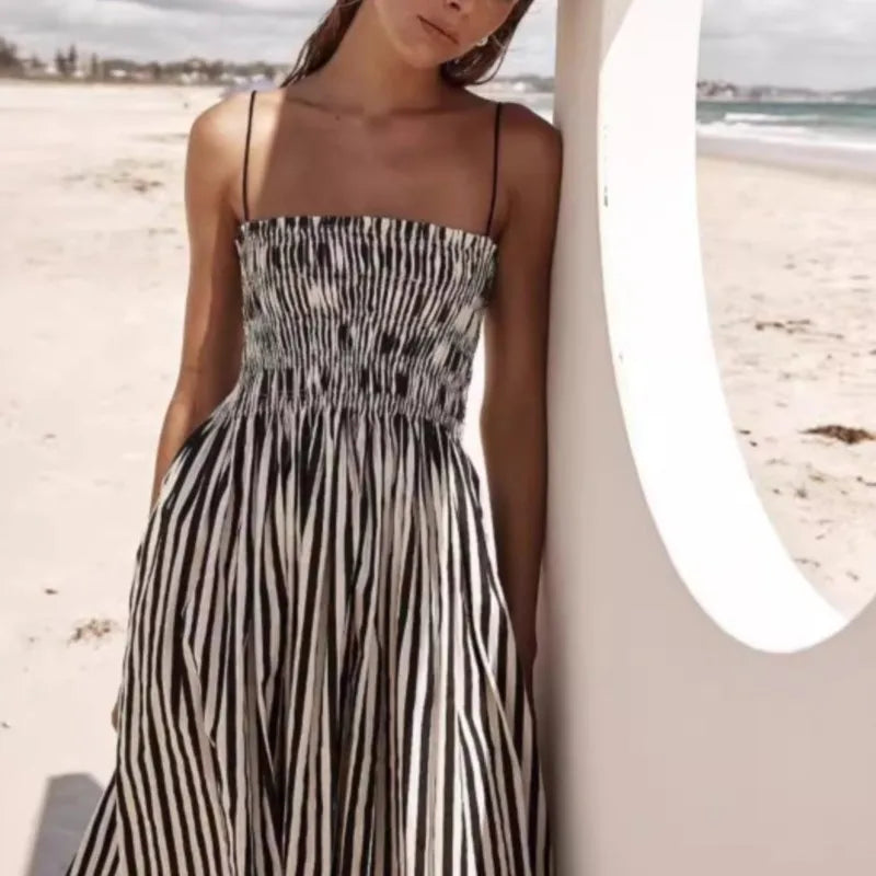 2025 Women's Summer Style Striped Rubber Elastic Sexy Big Swing Bag Suspender Dress Club Clothing Vestidos