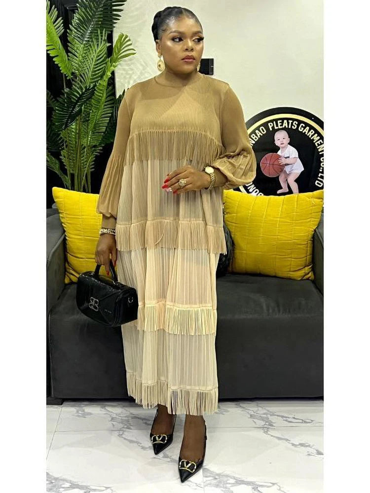 Women's Pleated Puff Sleeve Tassel Dress