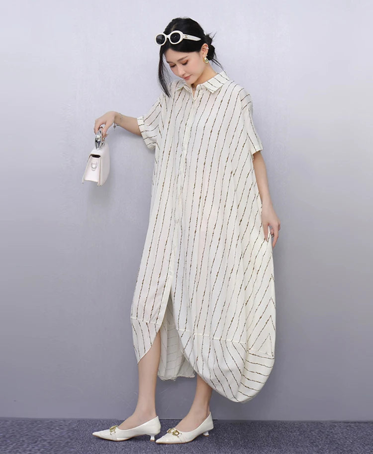 New 2025 Summer Woman Short-Sleeve Black Striped Shirt Dress Loose Fit Chic Big Size Casual Holiday Irregular Large Robe JKXD017