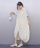New 2025 Summer Woman Short-Sleeve Black Striped Shirt Dress Loose Fit Chic Big Size Casual Holiday Irregular Large Robe JKXD017