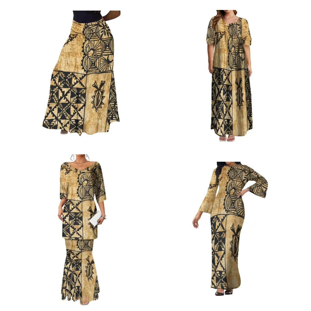 Tribal Peoples Polynesian Custom Couple Banquet Dress Women'S Elegant Dress Men'S Fashion Shirt Samoa Club Women'S Long Dress