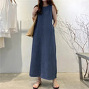 Women's Sleeveless Denim Long Dress Fashionable Round Neck Sleeveless Pocket Denim Skirt Loose Vest Denim Long Dress