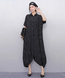 New 2025 Summer Woman Short-Sleeve Black Striped Shirt Dress Loose Fit Chic Big Size Casual Holiday Irregular Large Robe JKXD017