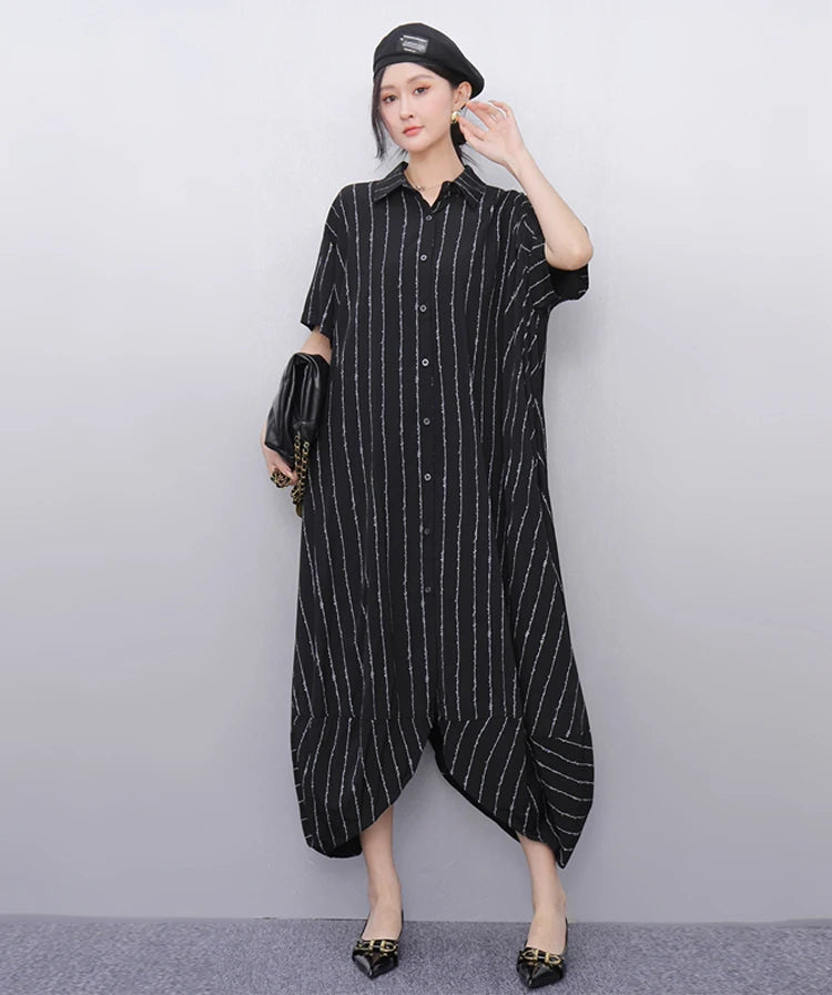 New 2025 Summer Woman Short-Sleeve Black Striped Shirt Dress Loose Fit Chic Big Size Casual Holiday Irregular Large Robe JKXD017