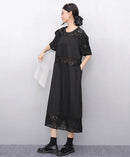 Lace Joined Loose Fit Korean Style Woman 2025 Summer Round Neck Short-Sleeve Black Pullover Dress Gorgeous Big Size Robe JKXD008